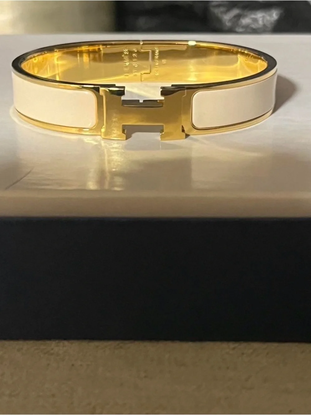 Hermes White Enamel Clic H Bracelet with Gold Hardware